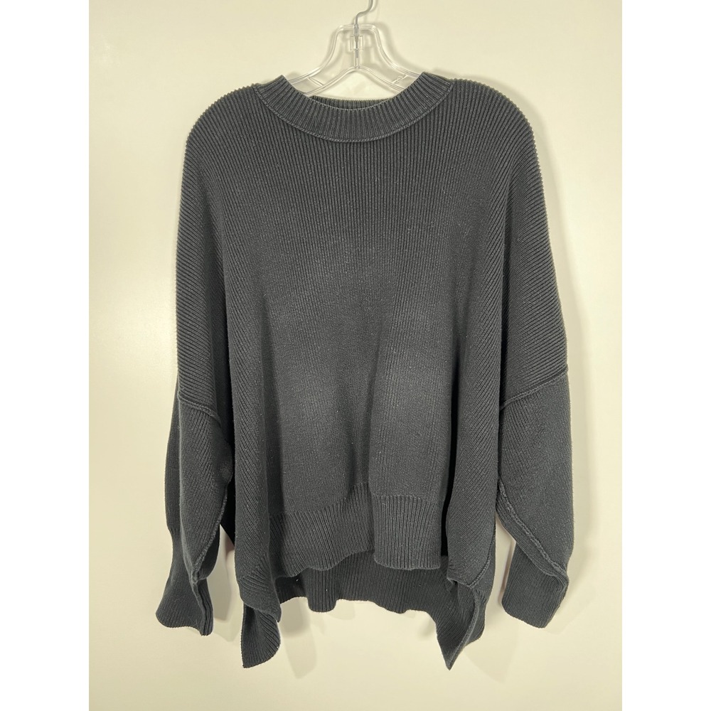 Free People Ottoman Slouchy Black Ribbed Knit Oversized Sweater Boho L